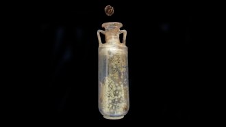 An ancient quartz bottle with handles on either side against a black backdrop