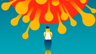 In this illustration, a woman stands slightly knockkneed, holding her hands by either side of her face, while a giant red coronavirus with yellow bulbous projections hovers right over her head.