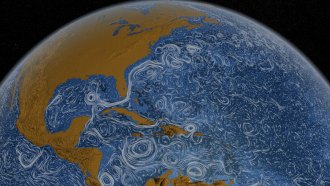 A visualization showing the Earth's northern hemisphere, with ocean currents indicated in white colors.