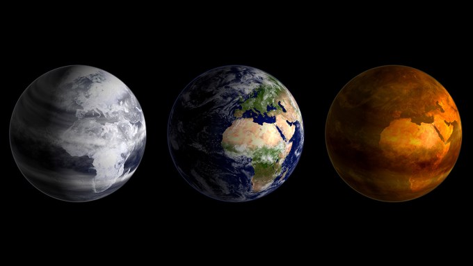 Artist's visualization of three Earths under icehouse or greenhouse conditions.